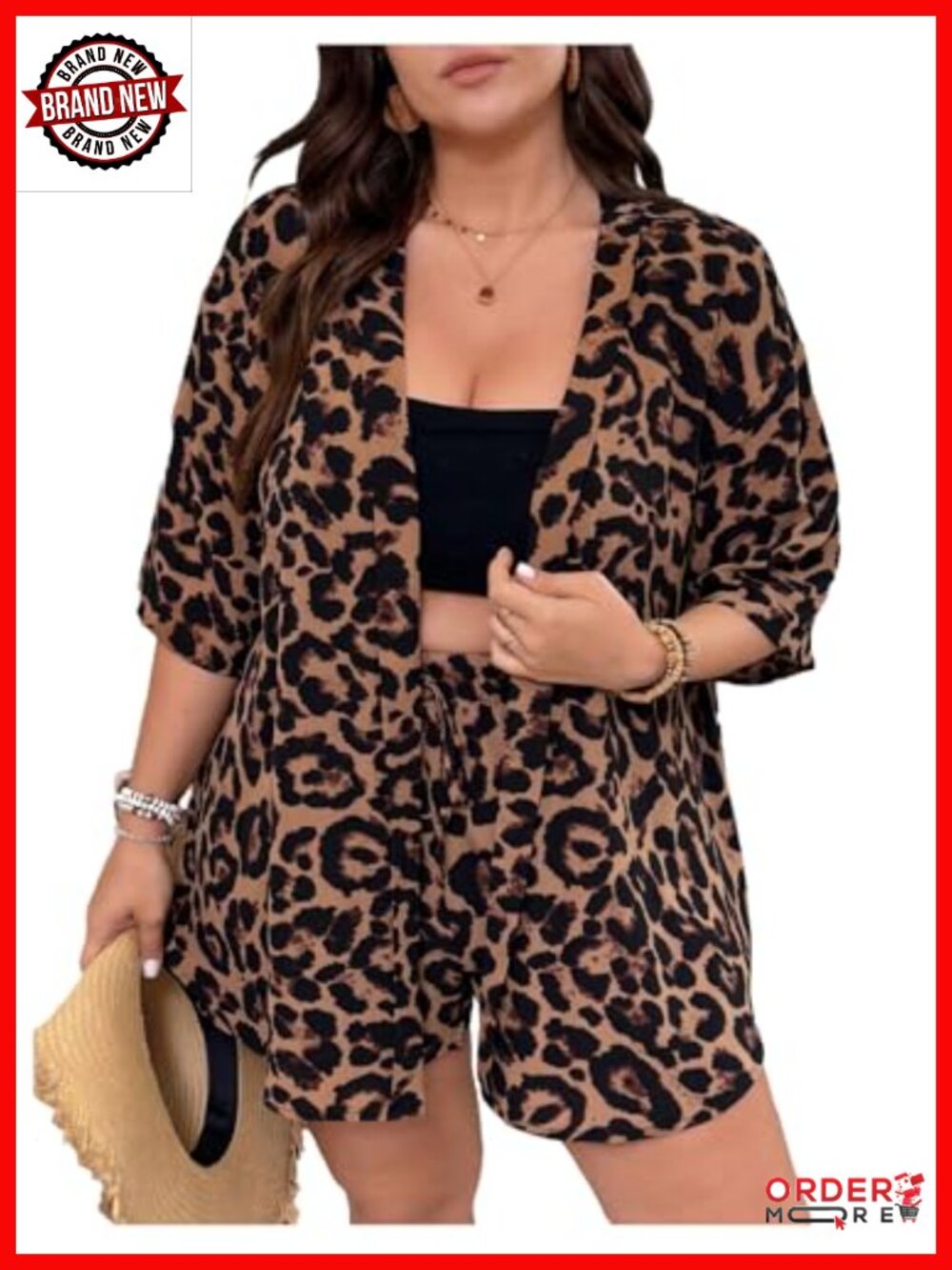 Plus Size 2 Piece Shorts Set with Open Front Kimono